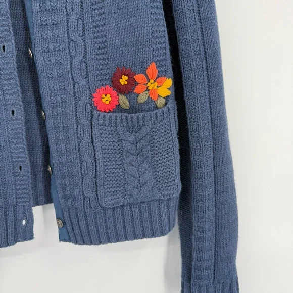 Sundance Woman's Sweater Cardigan Size XS Blue Floral Cable Knit Lambswool - Picture 4 of 9